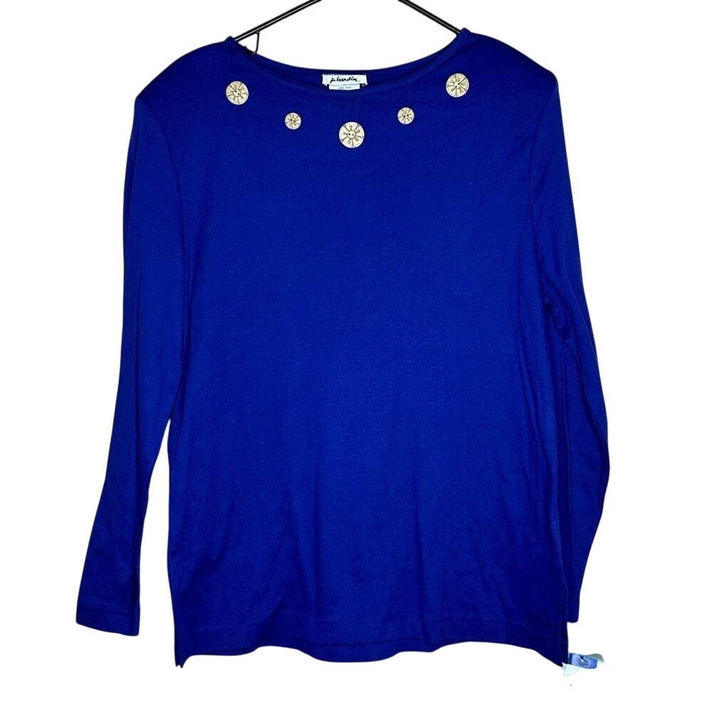Jo Hardin Royal Blue Boat Neck Long Sleeve Top Gold Button Sunburst Vintage‎ L